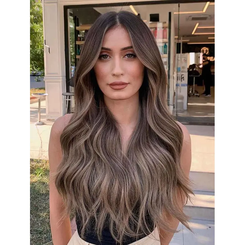 Long Wig Wavy Without Bangs Synthetic Brown Wig Long Balayage Wigs