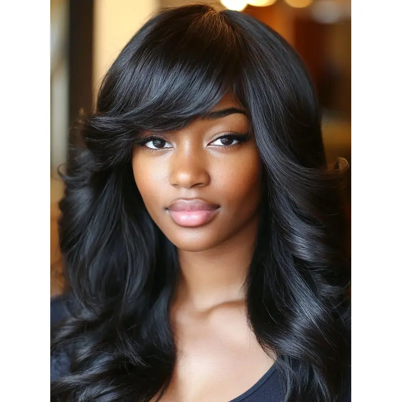 Wigs For African American Women Human Hair Black Wavy With Bangs Wigs
