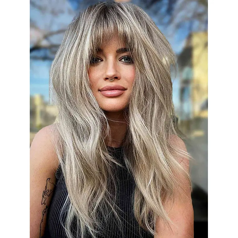 16" Synthetic Lace Front Long Wig With Bangs