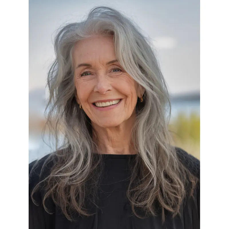 Grey Wigs For Older Women Straight Without Bangs Monofilament Synthetic 18" Long Wigs
