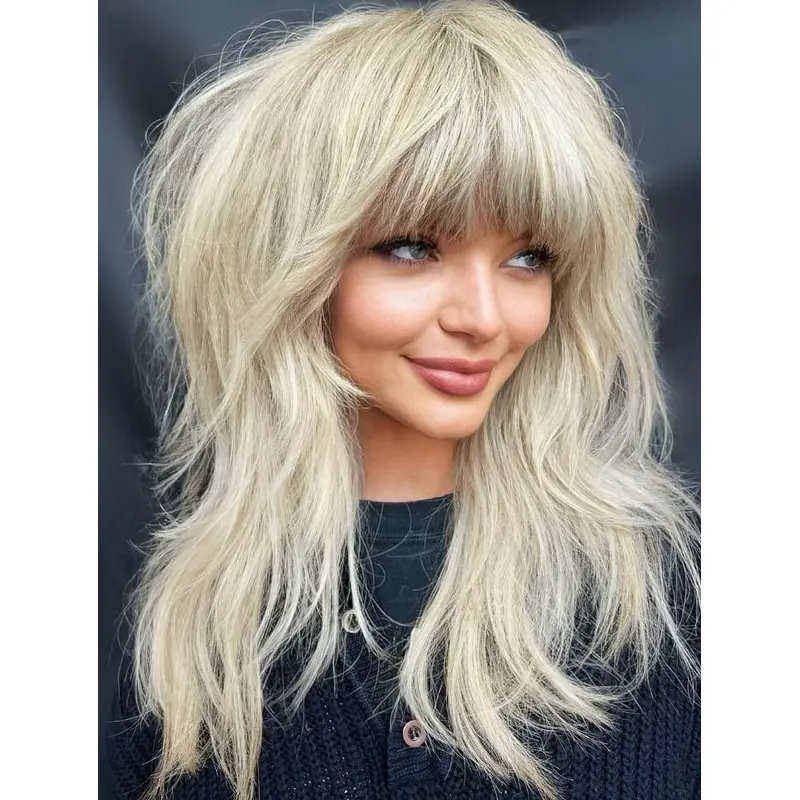 Synthetic Lace Front Wigs Wavy Long Blonde Arched Bangs Wigs