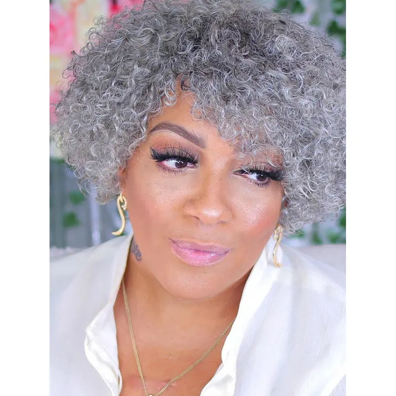 African American Human Wigs Grey Curly 8" Wigs