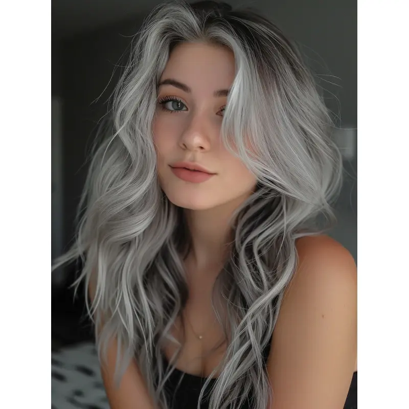 Wigs Grey Silver Monofilament Long Wavy Synthetic Wigs