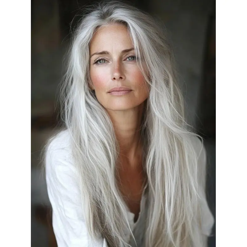 Grey Real Hair Wigs Without Bangs Long Straight Monofilament 26" Wigs
