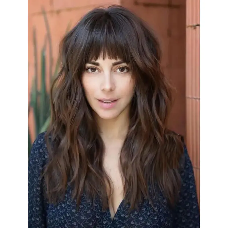 Heat Resistant Wig Brown Lace Front Wavy With Bangs Chest-Length Wigs