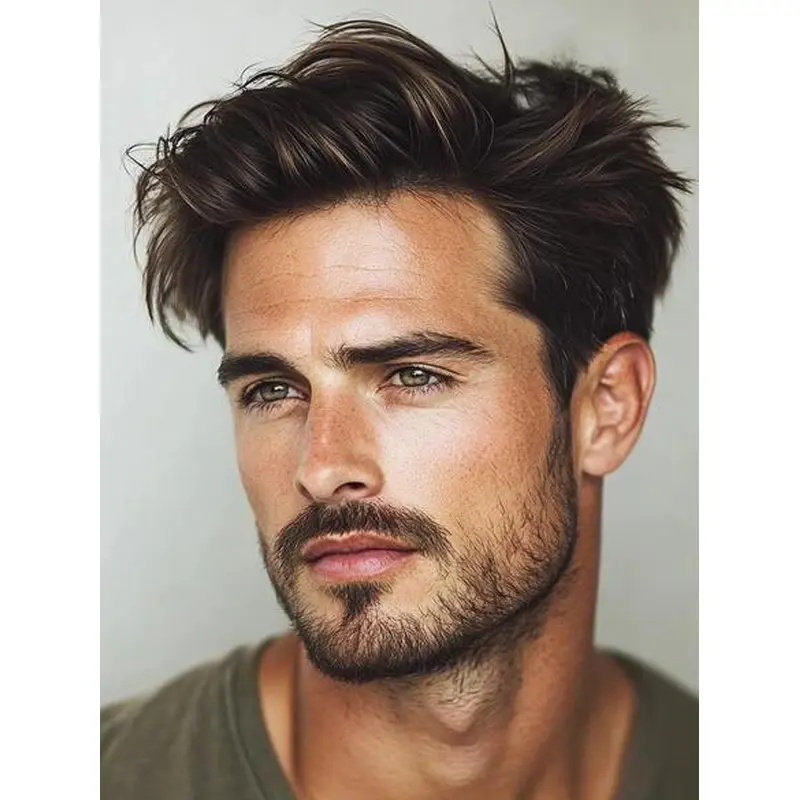 Mens Short Hair Wig Boycuts Brown Wavy Remy Human Hair Wigs
