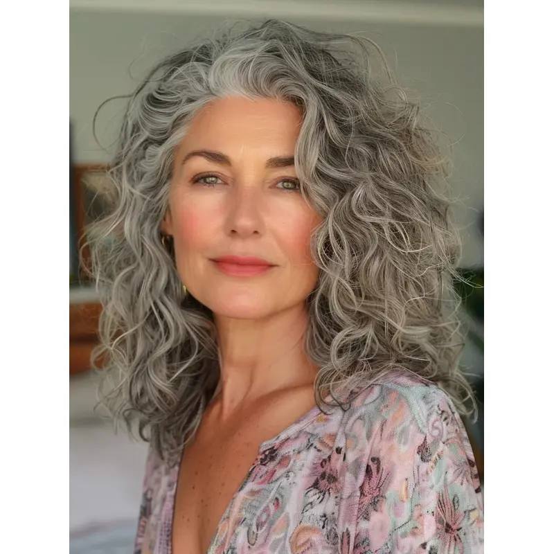 Curly Grey Wigs Human Hair Lace Front 16" Long Layered Wigs