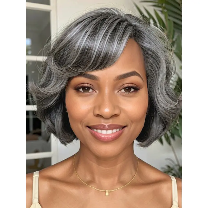 Salt And Pepper Wigs For African American Short Wavy With Bangs Wigs