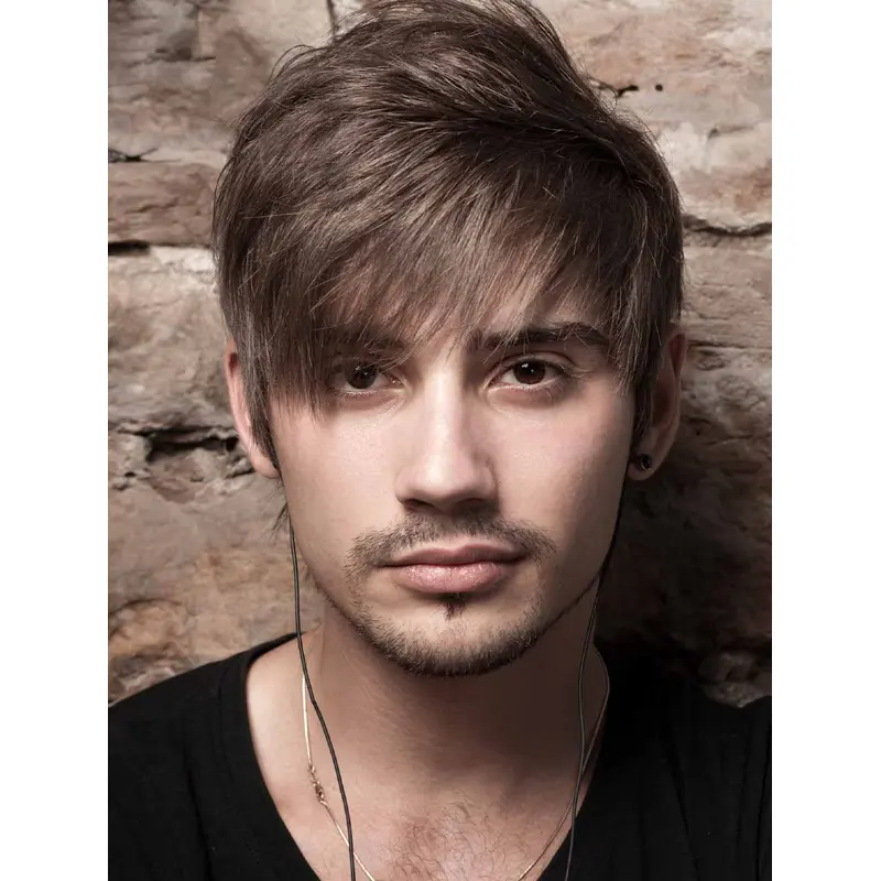 Capless Brown Straight Remy Human Hair Short Textured Side Part Men Wigs