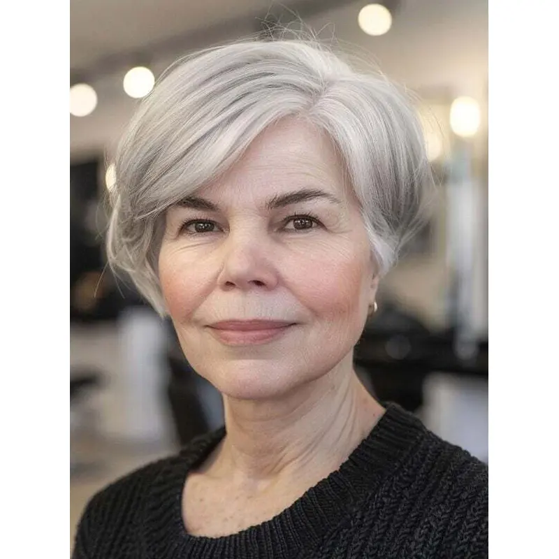Grey Pixie Wigs Straight Remy Human Hair Lace Front Bobs 8" Short Wigs
