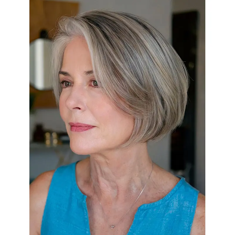 Grey Short Bob Wigs 8" Straight Layered Monofilament Wigs
