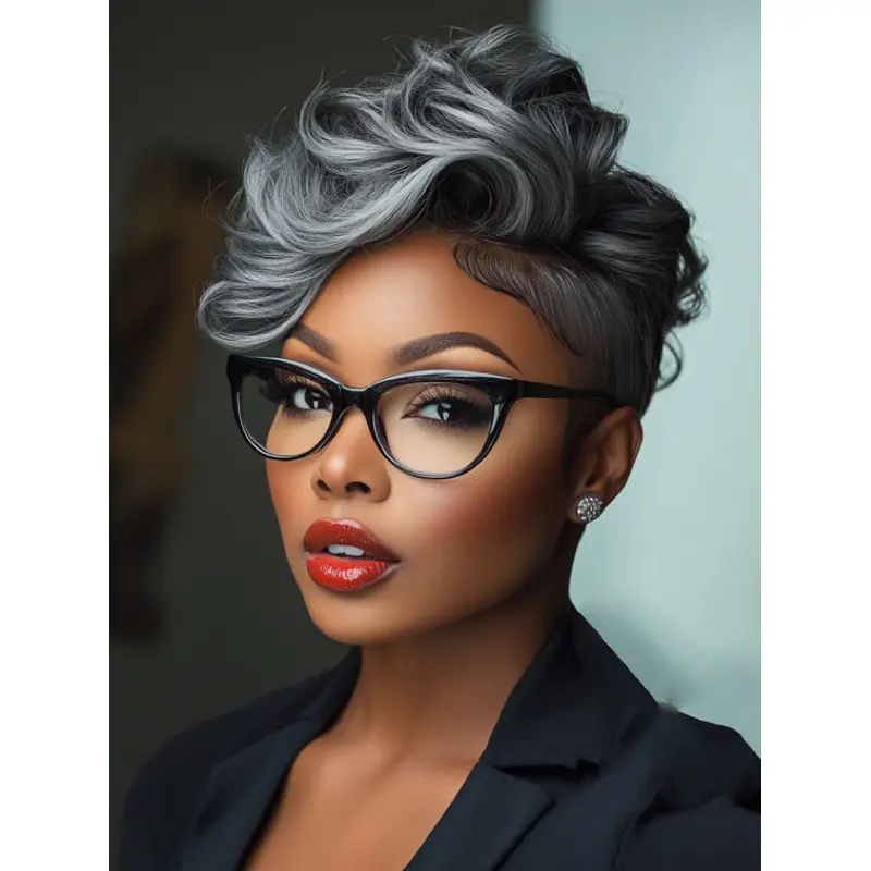 African American Lace Front Wigs With Bangs Grey Wavy 6" Wigs