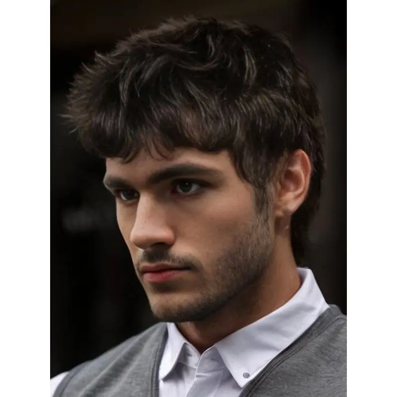 Men'S Lace Wigs 6" Remy Human Hair Wavy With Bangs Wigs