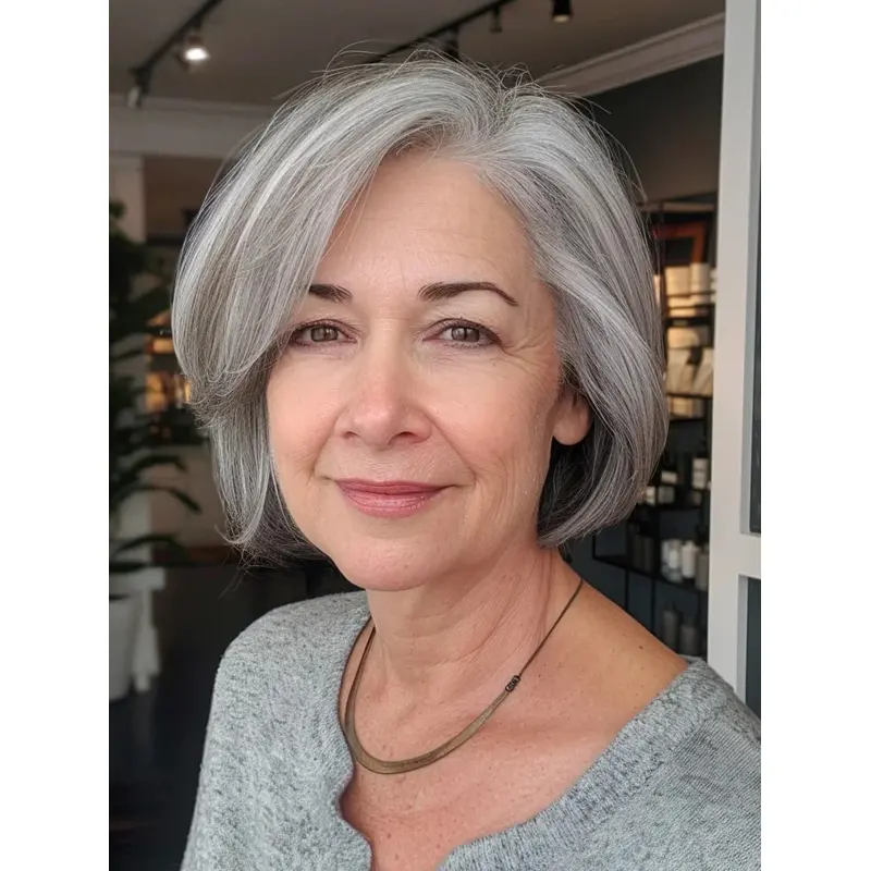 Ladies Short Grey Wigs Bobs Straight Lace Front Wigs