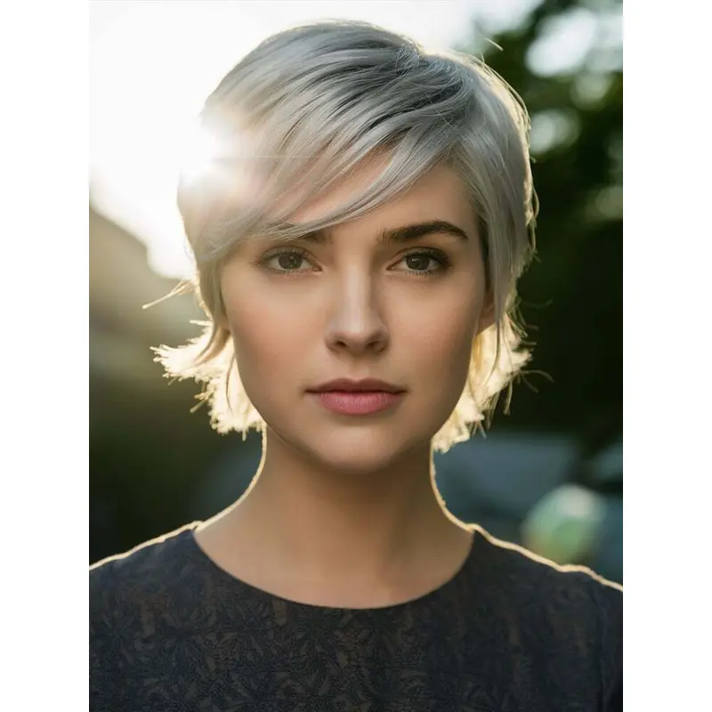 Short Grey Wigs For Older Ladies Lace Front Straight With Bangs 8" Wigs