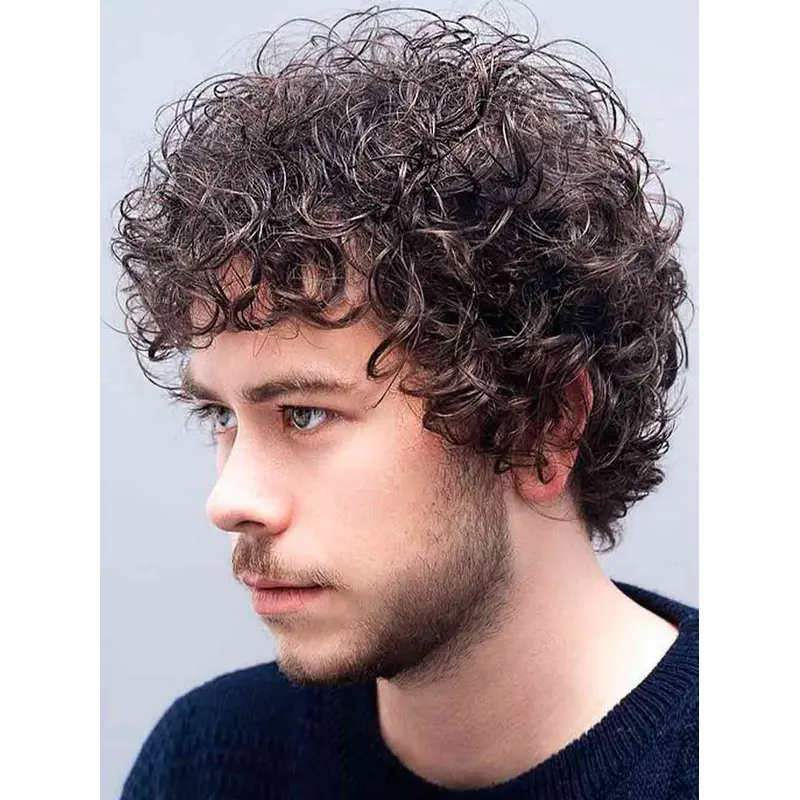 Mens Wig Remy Human Hair Curly 8" Monofilament Wigs