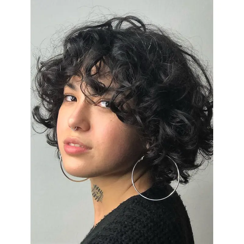 Short Curly Wigs With Bangs Black 10" With Bangs Wigs