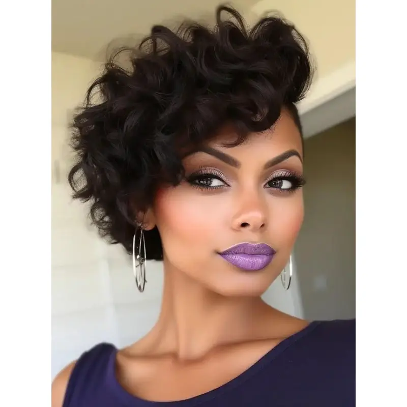 African American Curly Wigs Remy Human Hair Boycuts Black Wigs