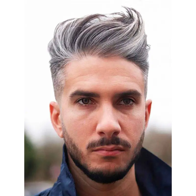 Grey Mono Crown Straight Short Remy Human Hair High Top Fade Wigs For Men