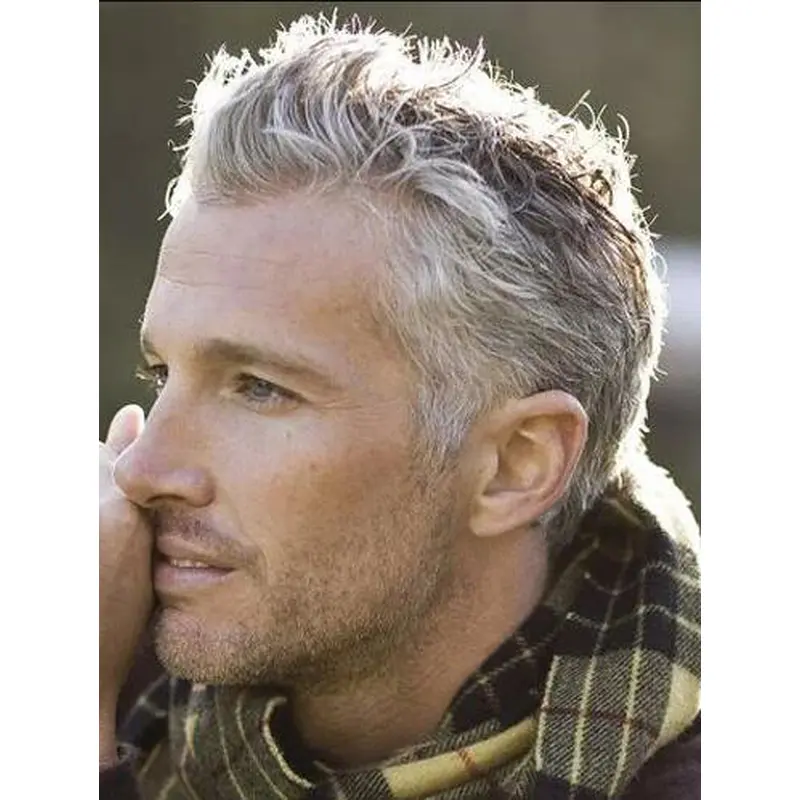 Grey Mono Top Wavy Short Remy Human Hair Messy Brushed Up Man Wig