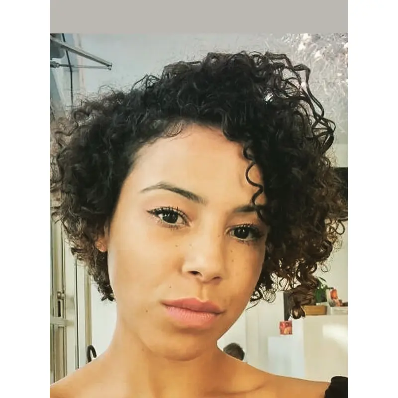 Human Hair Curly Short Wigs 6" With Bangs Monofilament Wigs