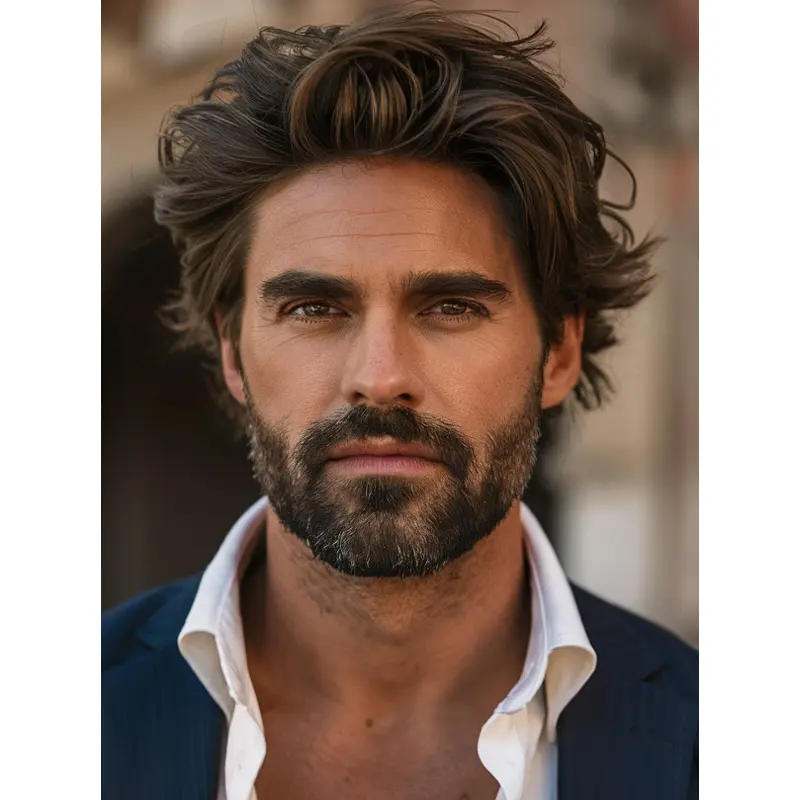 Mens Lace Front Wigs Remy Human Hair Wavy Brown Short Wigs
