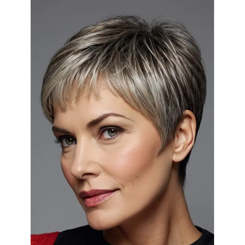 Grey Wigs For Older Ladies Short 4" Boycuts Synthetic Lace Front Straight Wigs