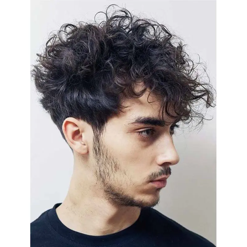 Black Synthetic Monofilament Curly Short Volume Perm Men Wigs