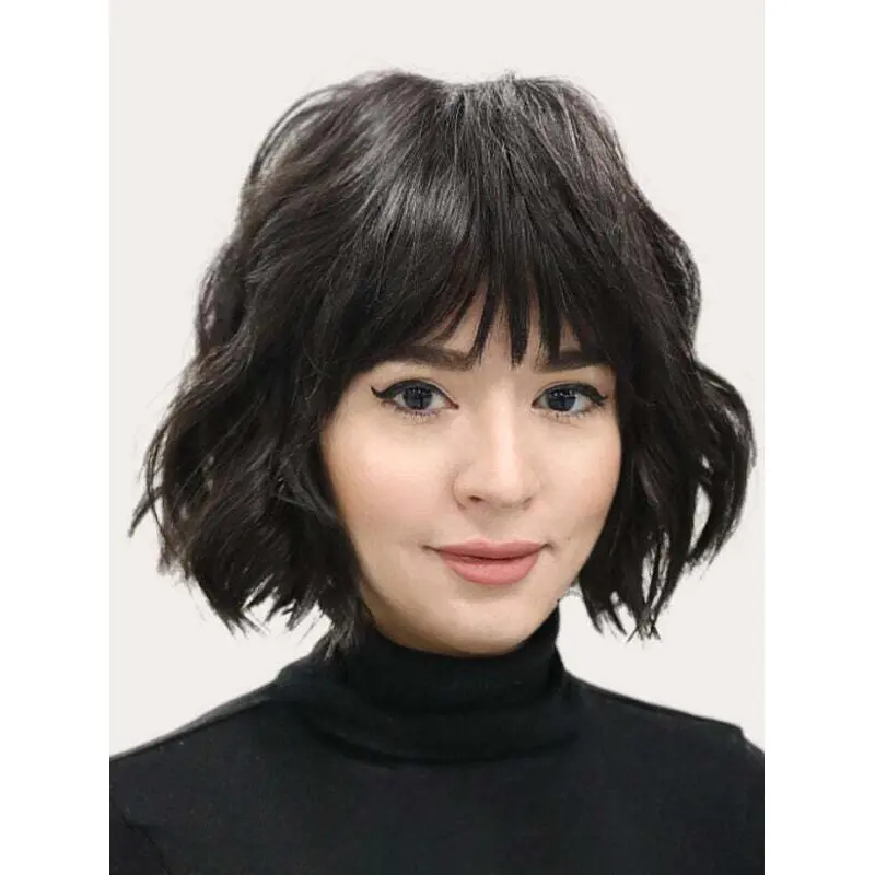 Short Hair Wigs Wavy 8" Lace Front Black With Bangs Wigs