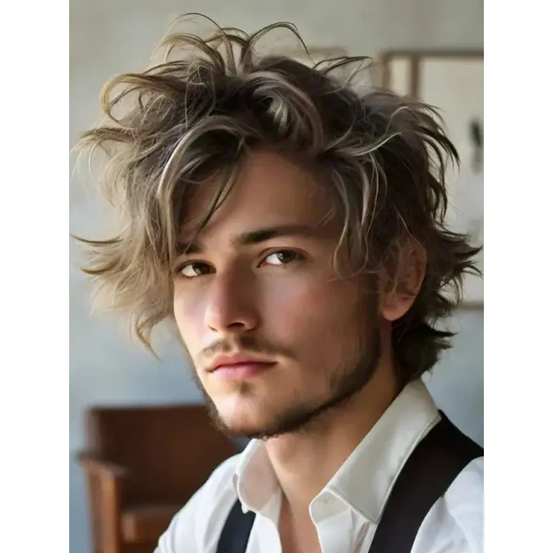 Mens Wigs Short Hair Remy Human Hair Blonde 8" Wavy Wigs
