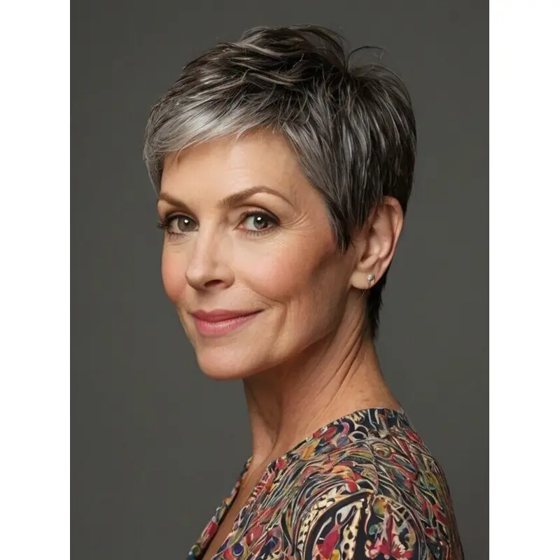 Short Grey Wig Boycuts Straight Synthetic 6" Monofilament Wigs