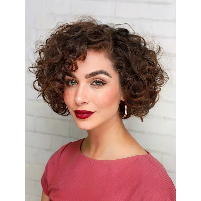 Short Hair Wigs Curly 8" Monofilament Brown Bobs Wigs