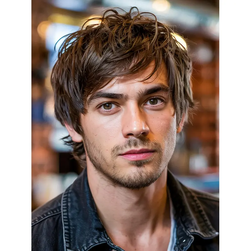 Wigs Male Brown Short 6" Straight With Bangs Wigs