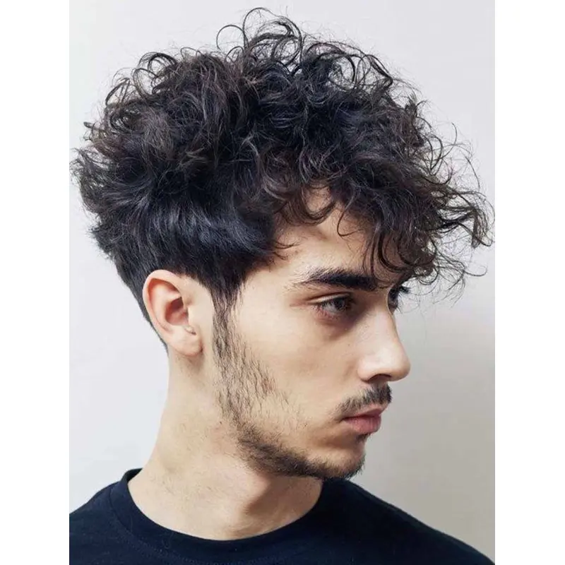 Black Capless Curly Short Remy Human Hair Blowout Wigs For Men