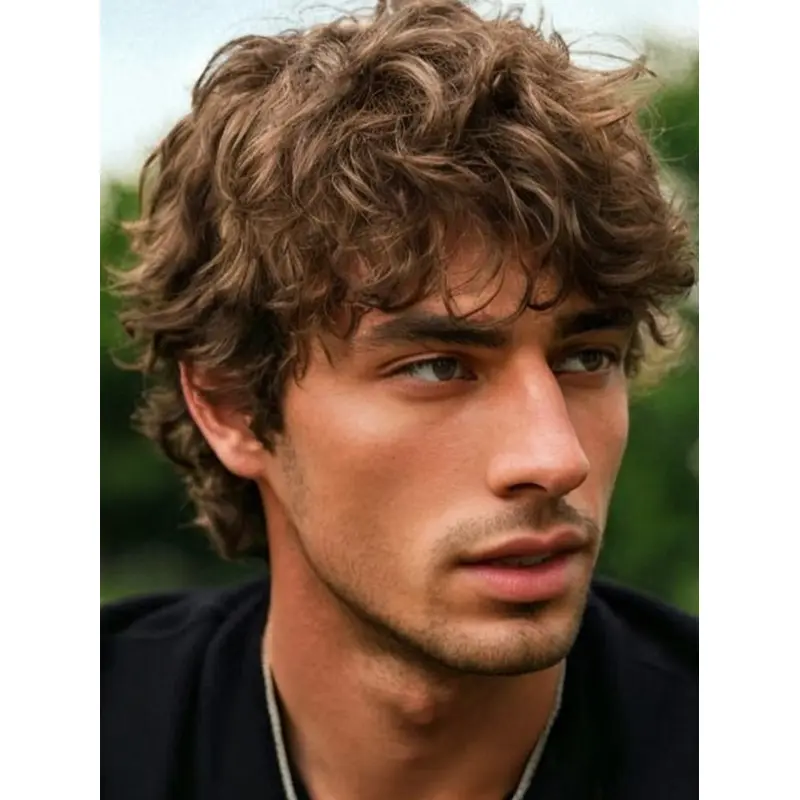 Blonde Male Wigs 8" Curly Monofilament Synthetic With Bangs Wigs