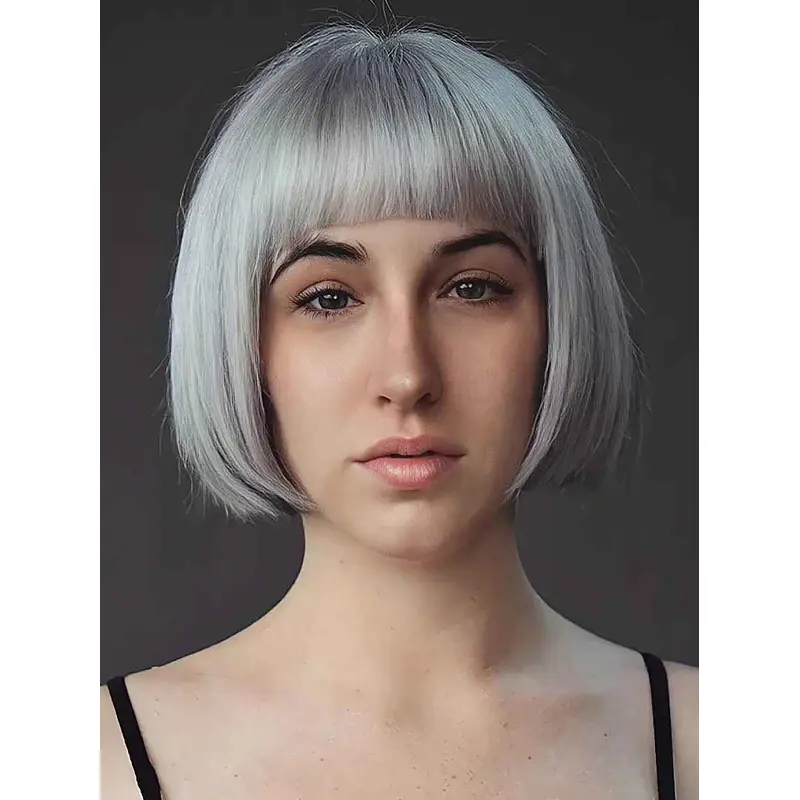 Bob Wig Grey With Bangs Monofilament Short Wigs