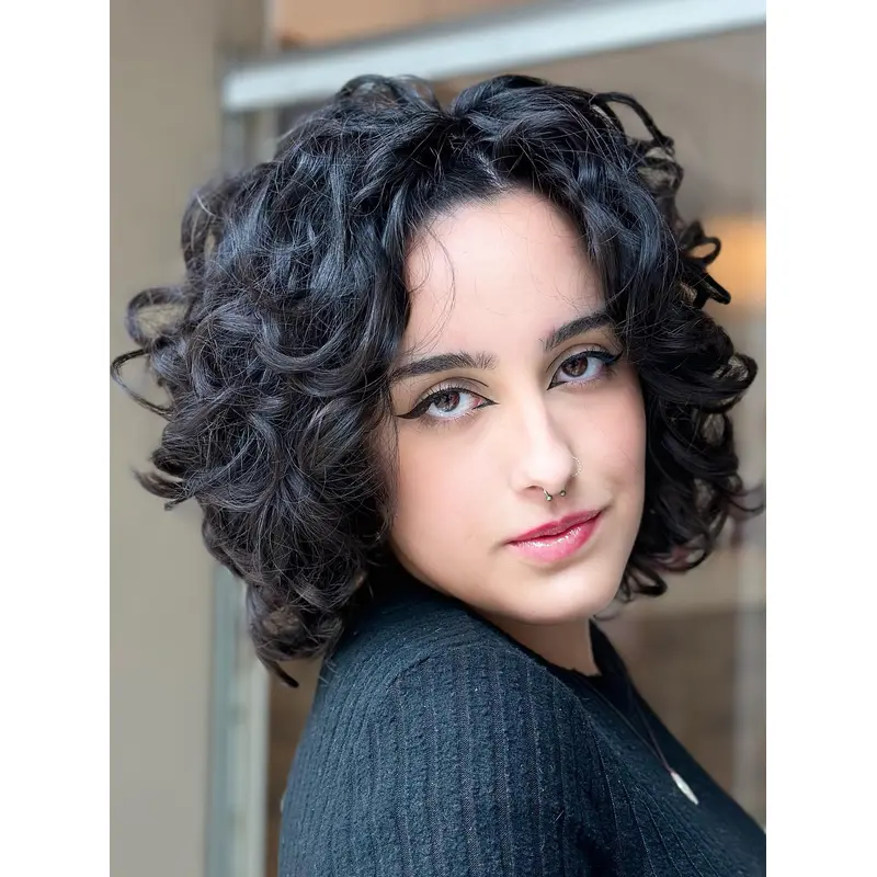 Cutting Synthetic Curly Wig Short Black 10" Layered Wigs