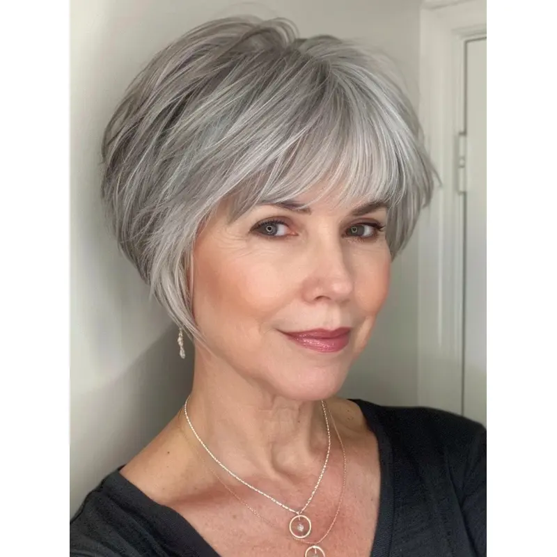 Short Length Grey Hair With Bangs Straight Lace Front Wigs