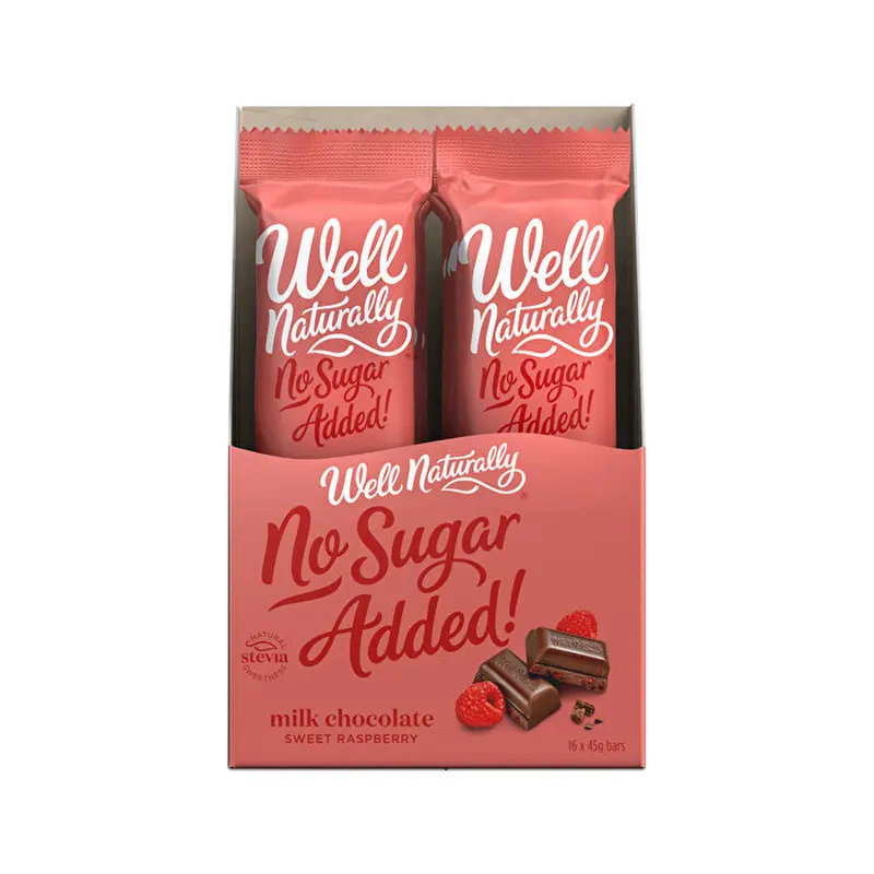 Well Naturally No Added Sugar Bar Milk Chocolate Sweet Raspberry 45g x 16 Display