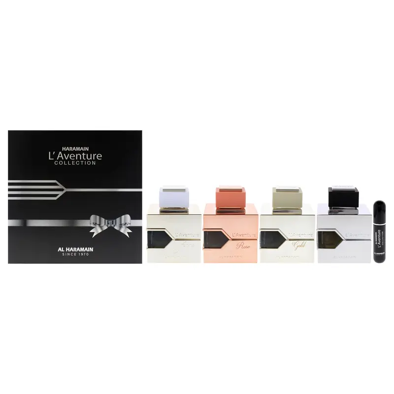 Al Haramain LAventure Collection by Al Haramain for Unisex - 4 Pc Gift Set 3.4oz EDP Spray Laventure, 3.4oz Femme EDP Spray, 3.4oz Rose EDP Spray, 3.4oz Gold With Atomizer