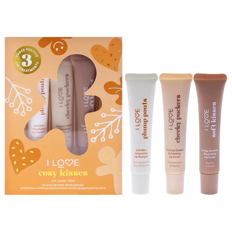 I Love Cosmetics Cosy Kisses Lip Care Trio by I Love Cosmetics for Women - 3 Pc 0.5oz Cheeky Coconut Cream Exfolianting Lip Scrub, 0.5oz Soft Kisses Fudge Brownie Nourishing Lip Butter, 0.5oz Plump Pouts Soft Mint Volumising Lip Plumper