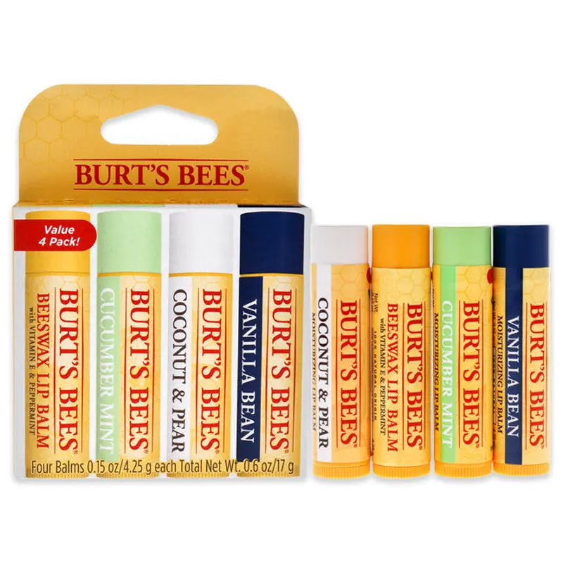 Burts Bees Beeswax Bounty Set - Assorted Mix by Burts Bees for Unisex - 4 Pc Set 4 x 0.15oz Lip Balm Beeswax, Vanilla Bean, Cucumber Mint, Coconut Pear