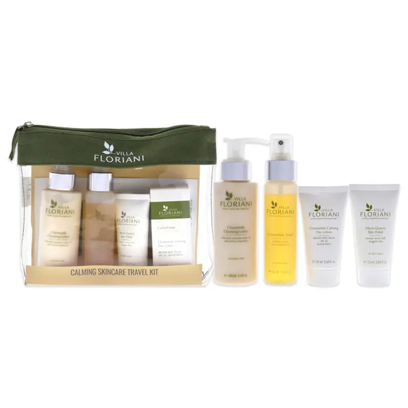 Villa Floriani Calming Skincare Travel Kit by Villa Floriani for Women - 6 Pc 3.4oz Chamomile Cleansing Lotion, 1.69oz Chamomile Toner, 0.68oz Chamomile Calming Day Lotion SPF 20, 0.84oz Micro-Quartz Skin Polish, 0.05oz Advanced Lifting Eye Cream, 0.06oz