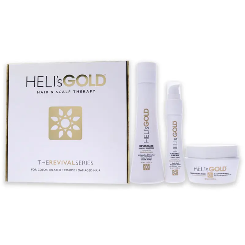 Helis Gold The Revival Series Travel Kit by Helis Gold for Unisex - 3 Pc 3.3oz Revitalize Shampoo, 3.3oz Restructure Masque, 1oz Crystal Cream