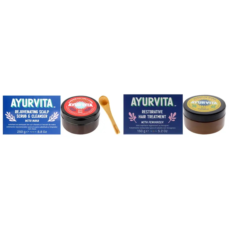 AyurVita Restorative Hair Treatment With Fenugreek and Maka Rejuvenating Scalp Scrub and Cleanser Kit by AyurVita for Unisex - 2 Pc Kit 5.2oz Treatment, 6.7oz Cleanser