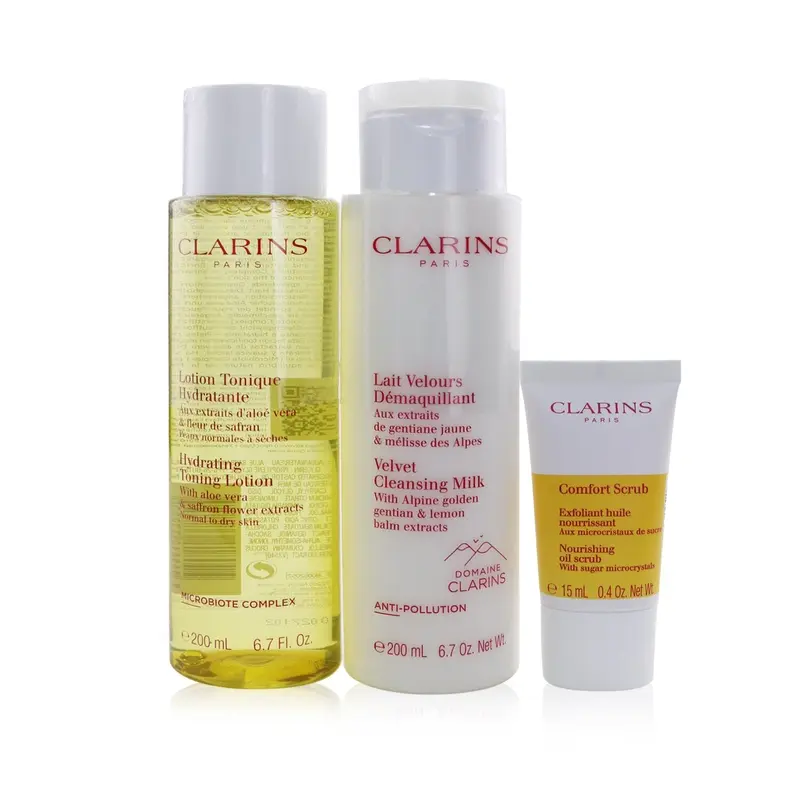 Clarins Perfect Cleansing Set (Normal to Dry Skin): Cleansing Milk 200ml+ Toning Lotion 200ml+ Comfort Scrub 15ml+ Bag  3pcs+1bag