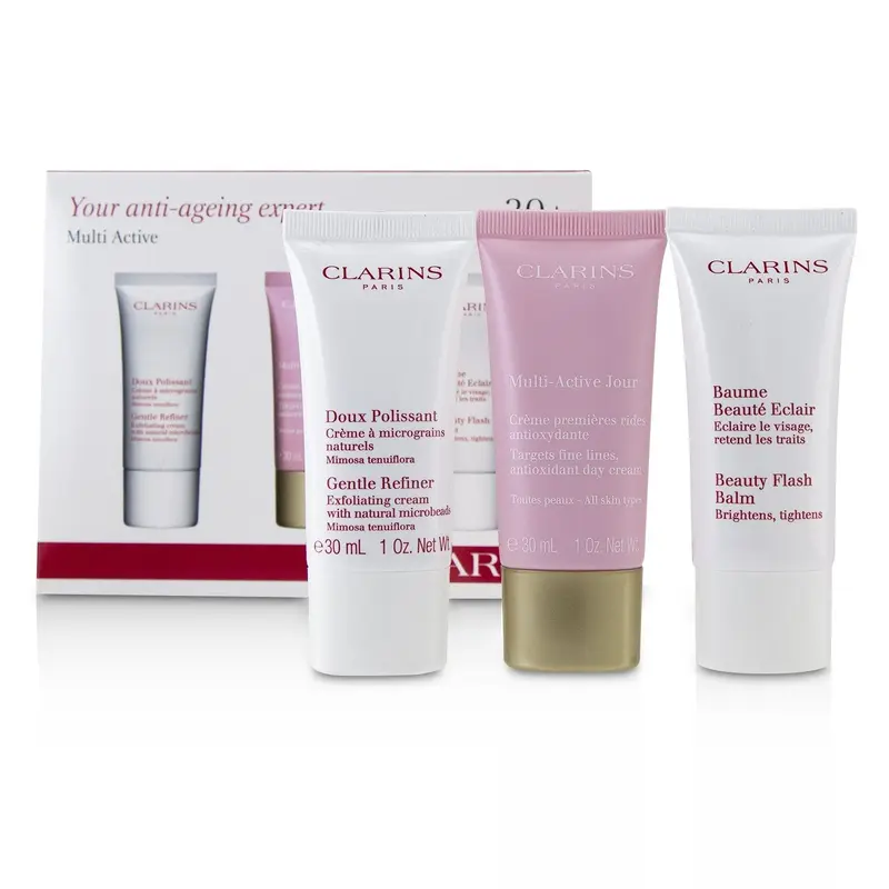 Clarins Multi-Active 30+ Anti-Ageing Skincare Set: Gentle Refiner 30ml + Multi-Active Day Cream 30ml + Beauty Flash Balm 30ml  3pcs