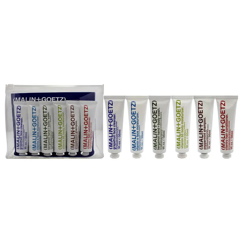MALIN+GOETZ The Essentials Kit by Malin + Goetz for Unisex - 6 Pc 1oz Face Cleanser - Grapefruit, 1oz Vitamin E Face Moisturizer, 1oz Hand Plus Body Wash - Bergamot, 1oz Vitamin B5 Body Moisturizer, 1oz Shampoo - Peppermint, 1oz Conditioner - Cilantro