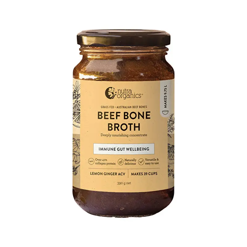 Nutra Organics Bone Broth Beef Deeply Nourishing Concentrate Lemon Ginger ACV 390g
