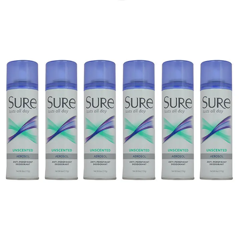 Sure Aerosol Unscented Anti-Perspirant and Deodorant by Sure for Unisex - 6 oz Deodorant Spray - Pack of 6